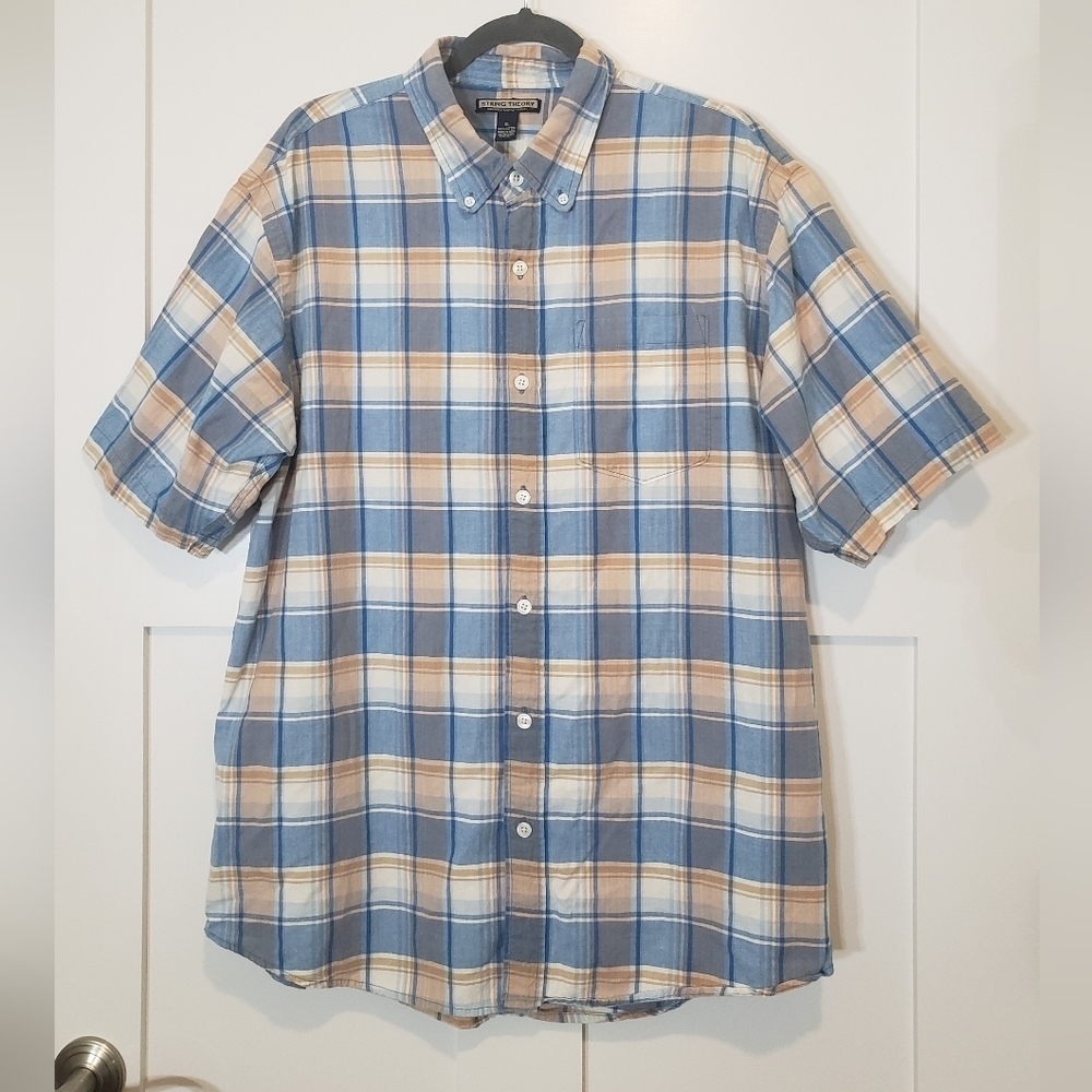 String Theory Size XL Button Down Shirt Short Sleeve Plaid Blue White Tan Cotton